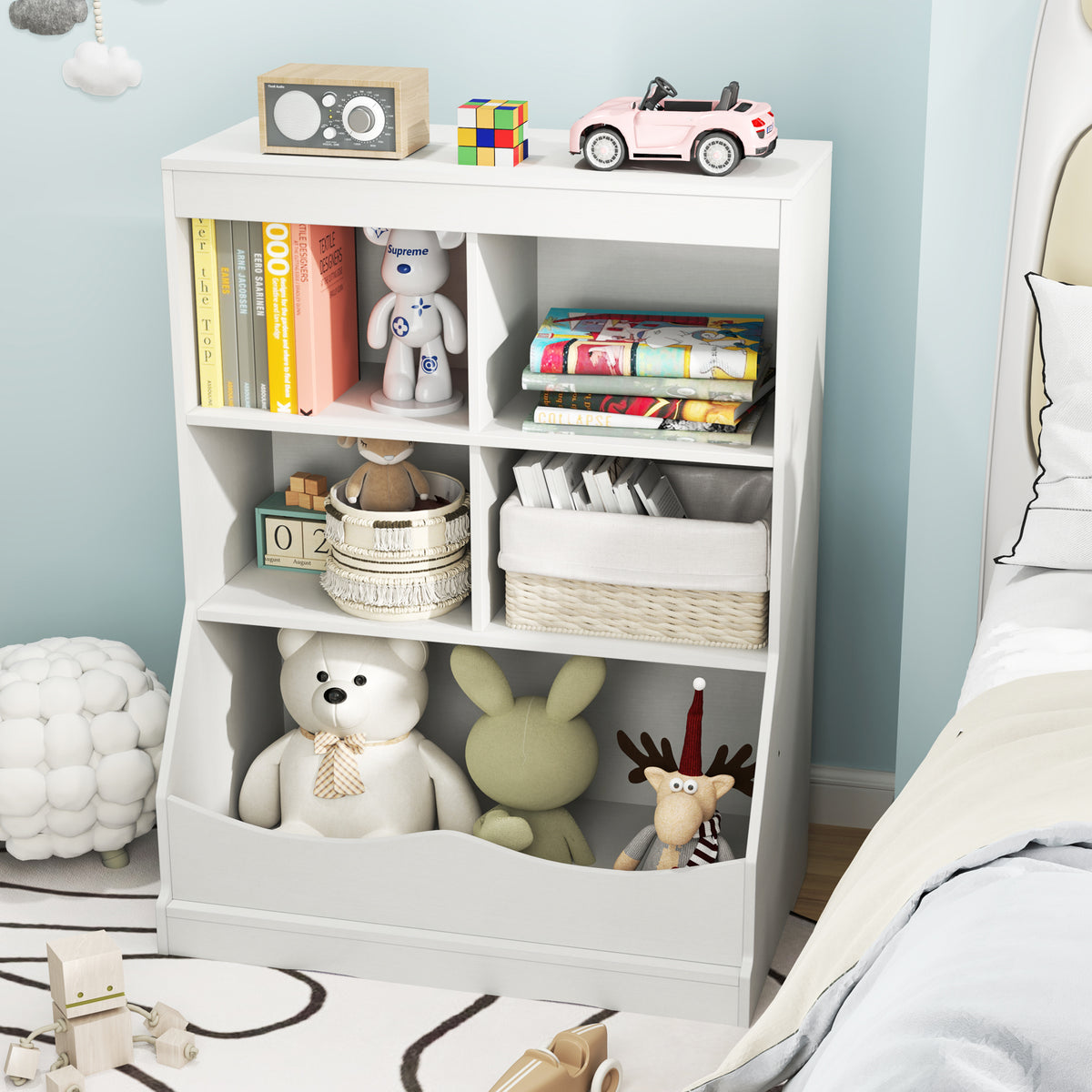 Kids Bookcase with 5 Open Storage Compartments - White, 3-Tier Multi-Functional Storage Unit