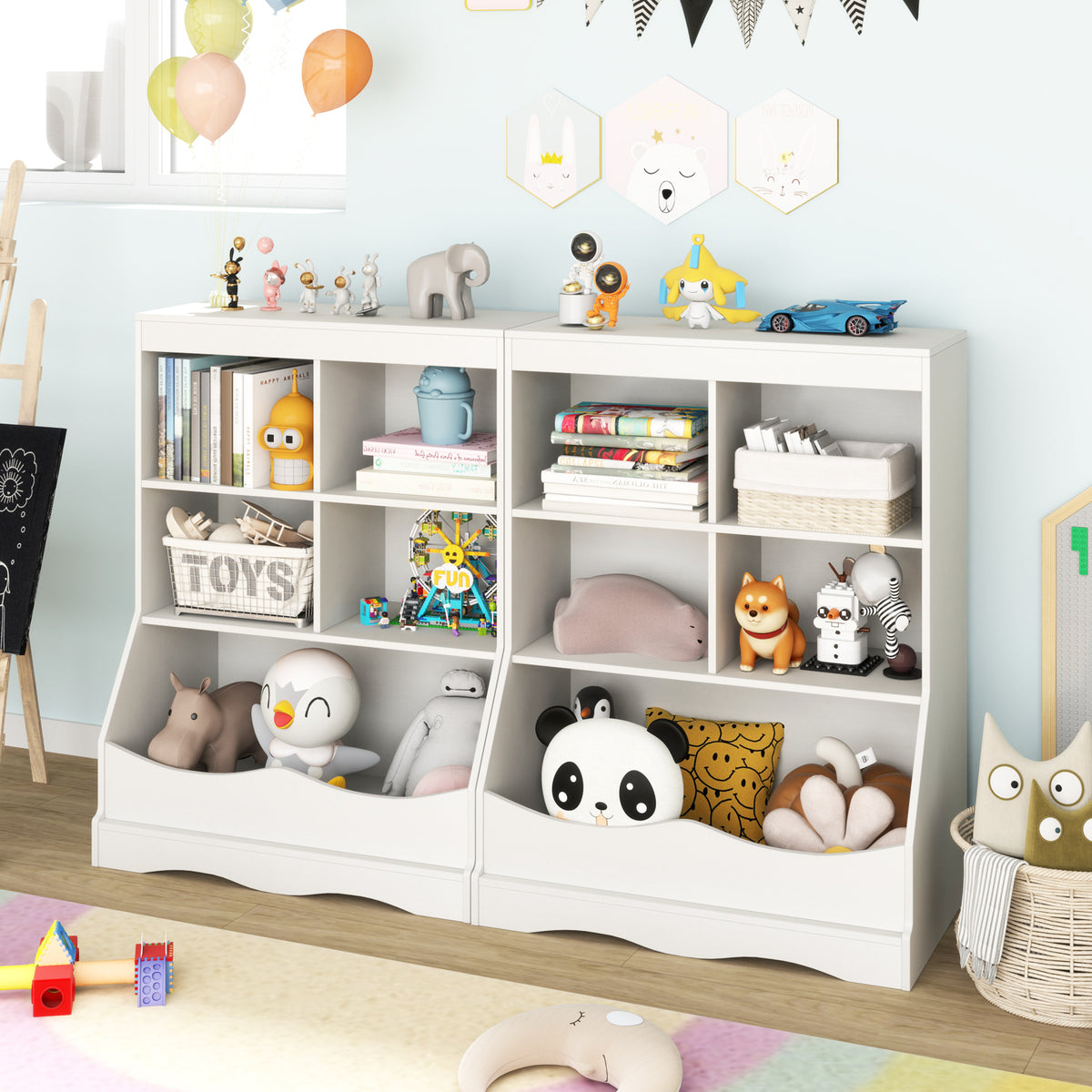 Kids Bookcase with 5 Open Storage Compartments - White, 3-Tier Multi-Functional Storage Unit