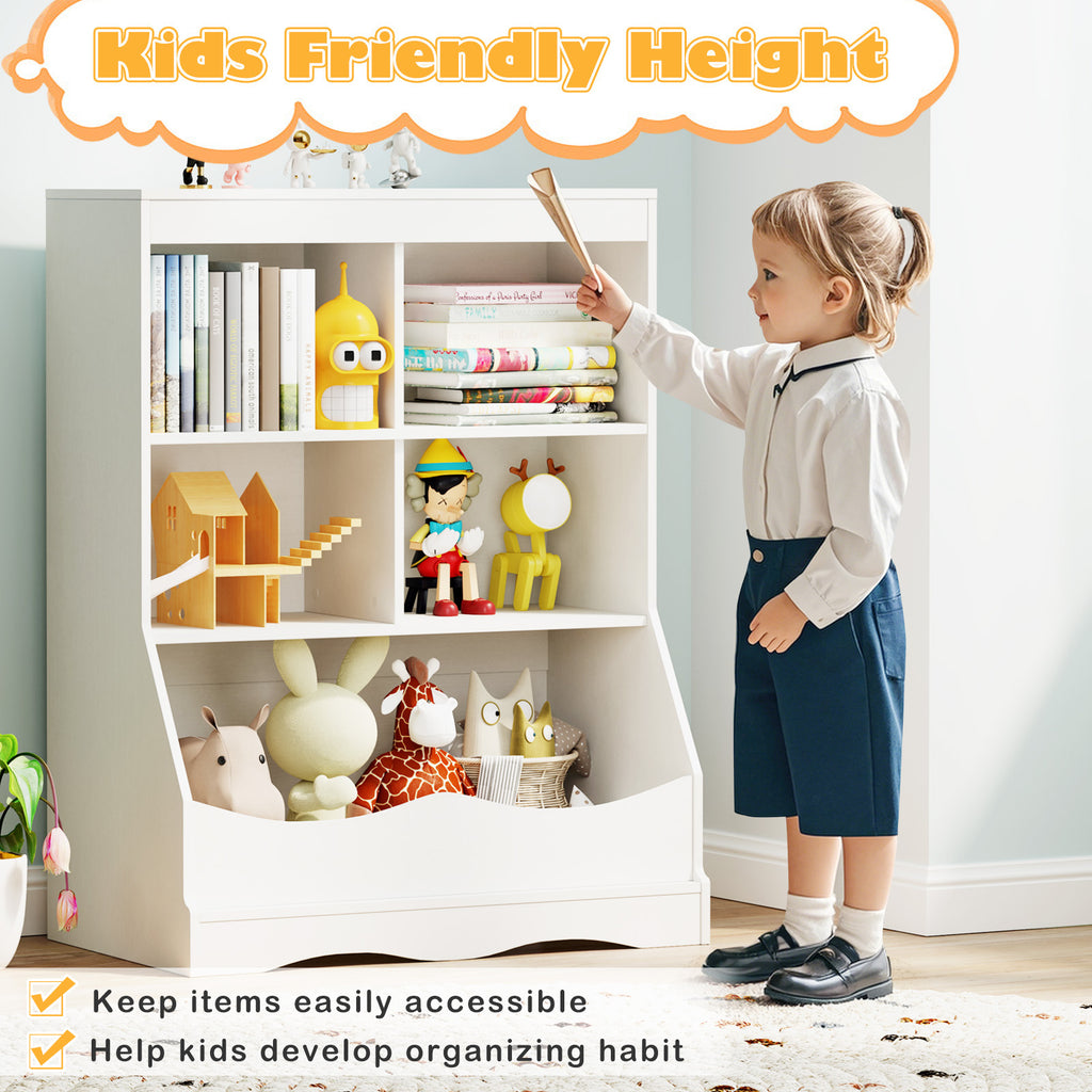 Kids Bookcase with 5 Open Storage Compartments - White, 3-Tier Multi-Functional Storage Unit