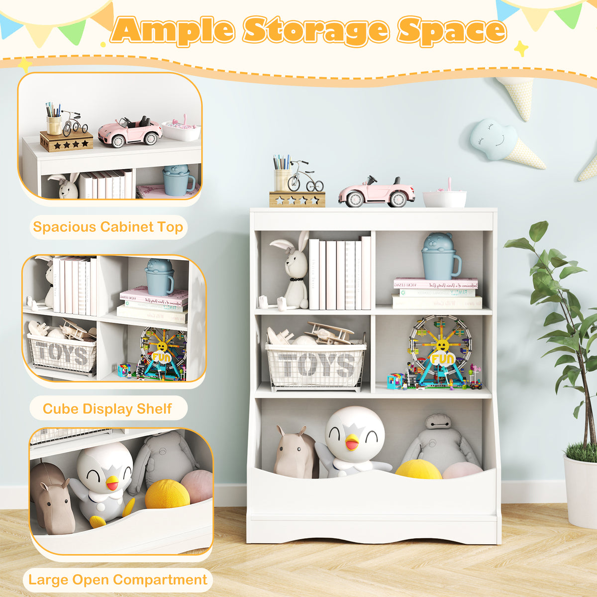 Kids Bookcase with 5 Open Storage Compartments - White, 3-Tier Multi-Functional Storage Unit
