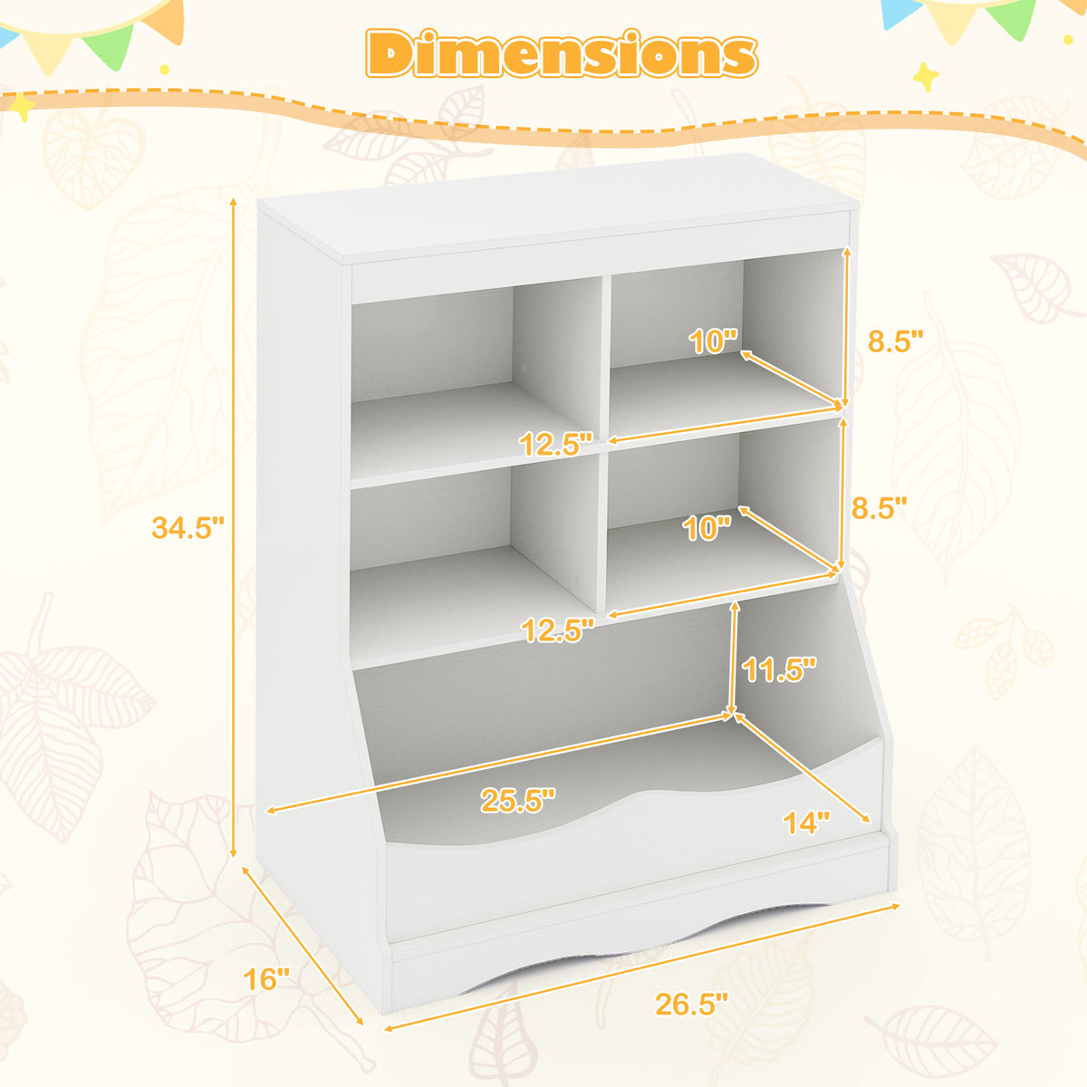 Kids Bookcase with 5 Open Storage Compartments - White, 3-Tier Multi-Functional Storage Unit