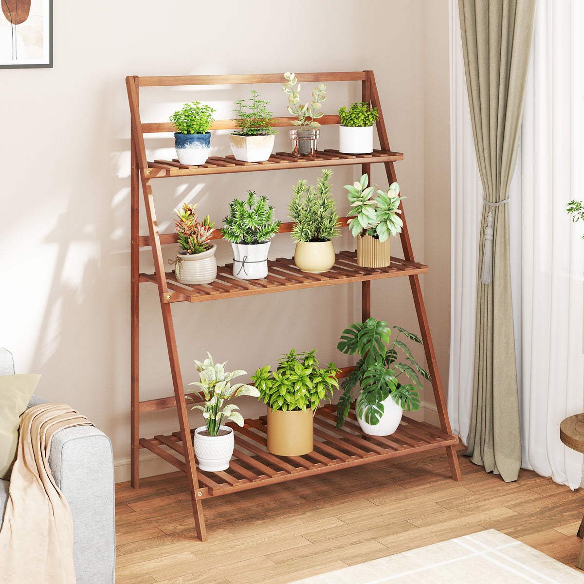 3-Tier Bamboo Ladder Shelf Foldable Plant Stand - Brown