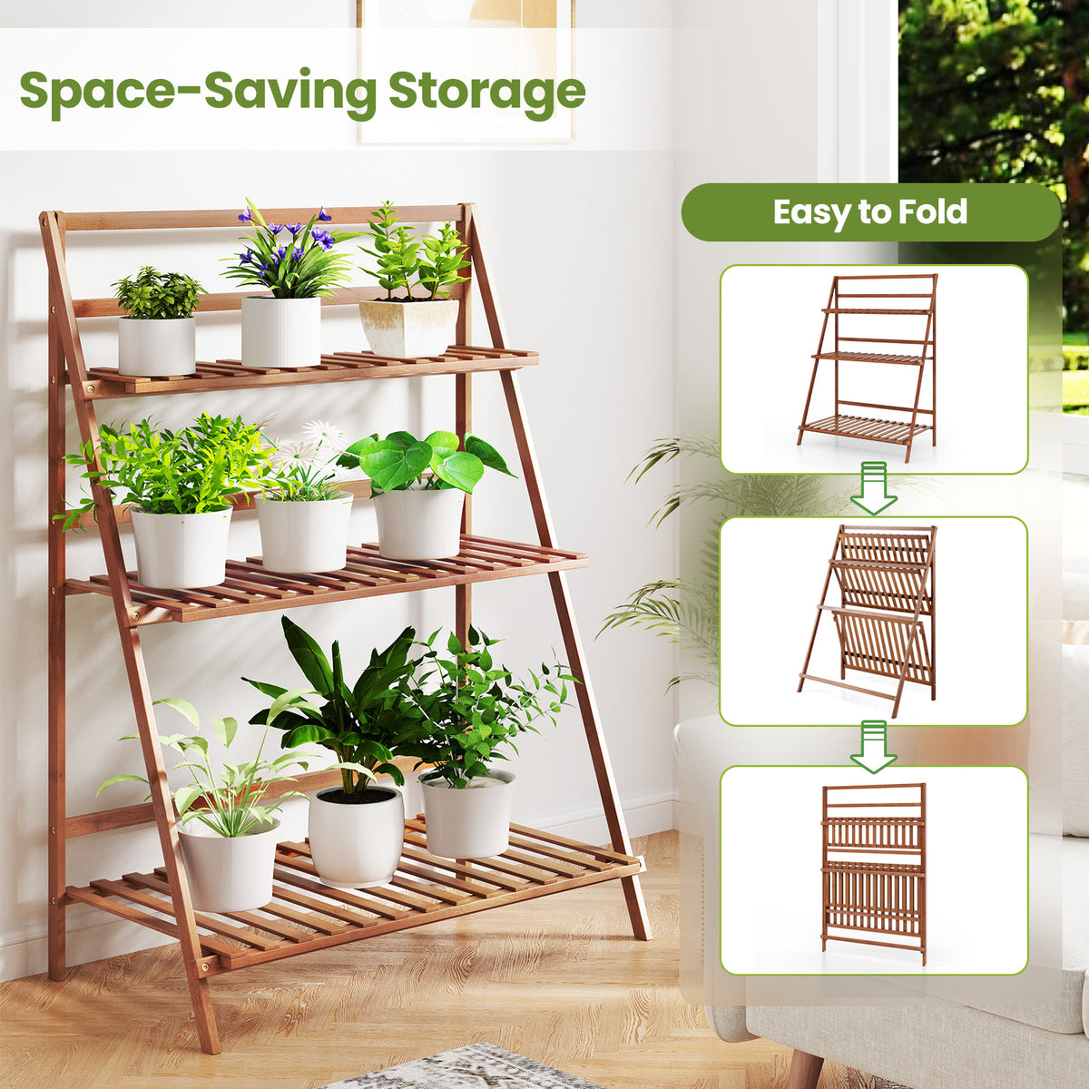 3-Tier Bamboo Ladder Shelf Foldable Plant Stand - Brown