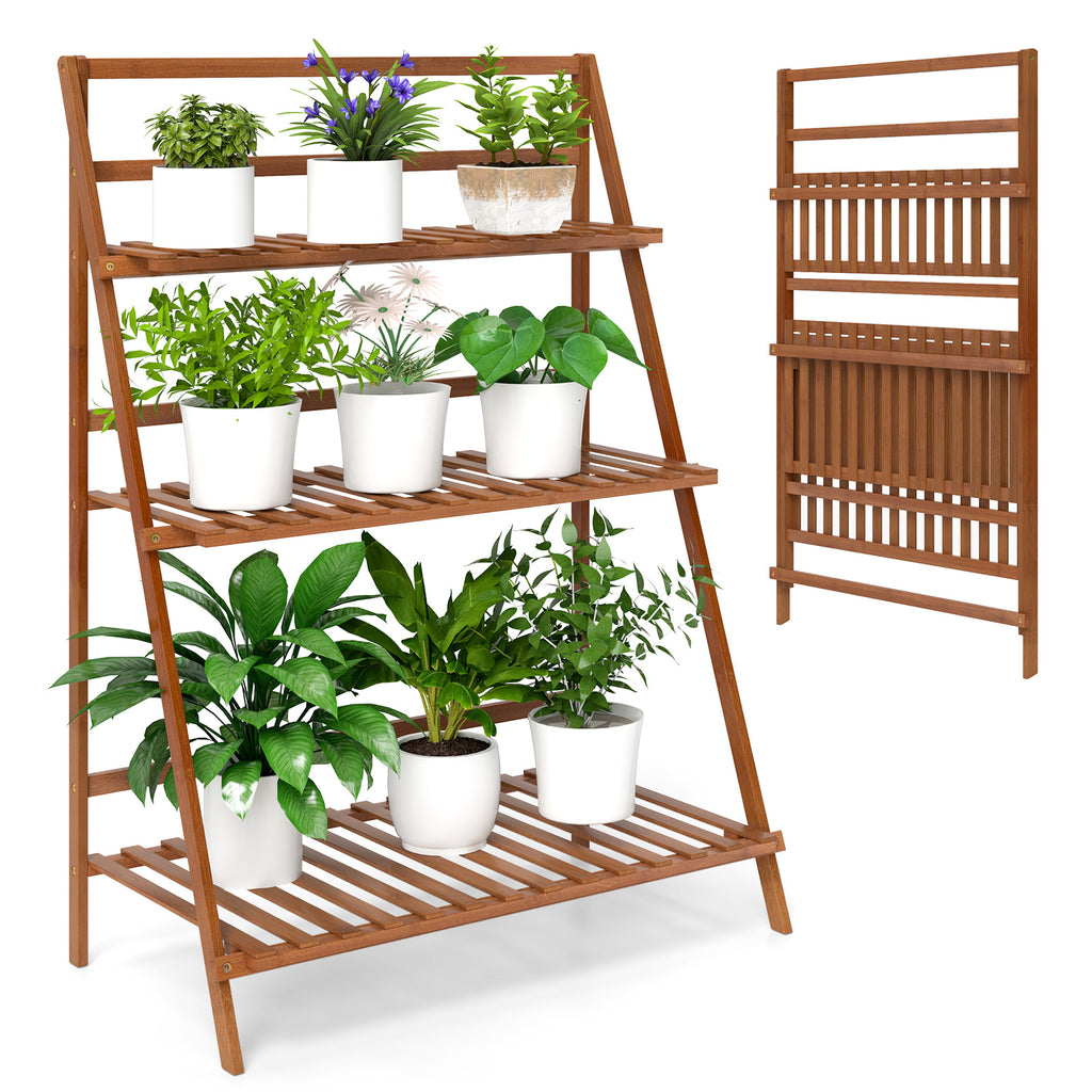 3-Tier Bamboo Ladder Shelf Foldable Plant Stand - Brown