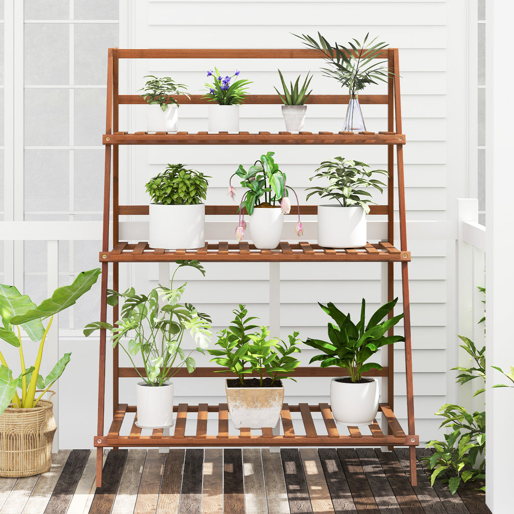 3-Tier Bamboo Ladder Shelf Foldable Plant Stand - Brown