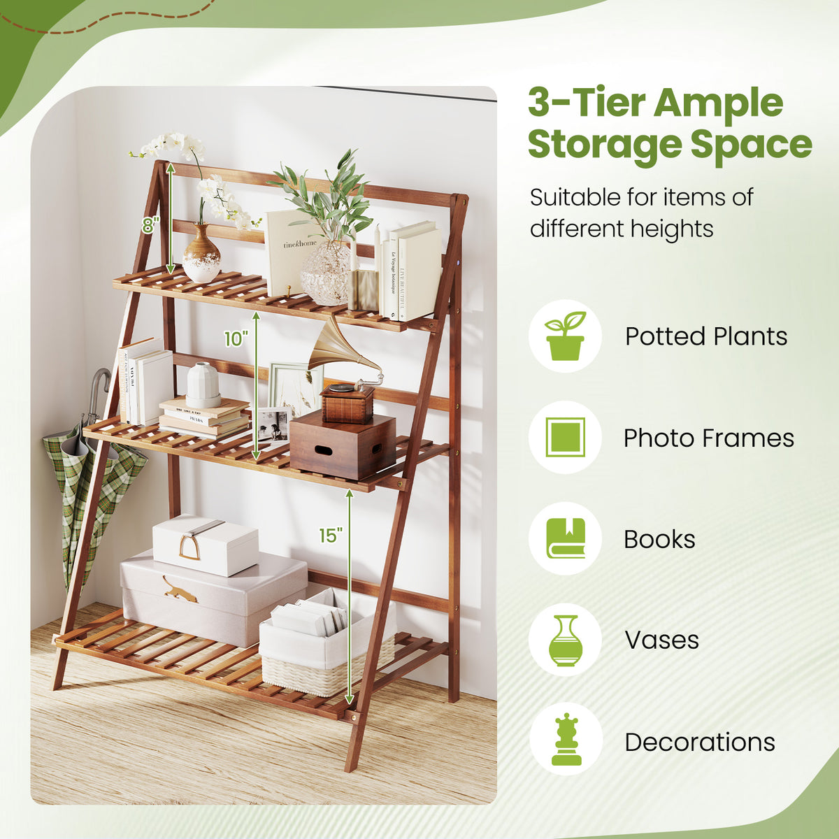 3-Tier Bamboo Ladder Shelf Foldable Plant Stand - Brown