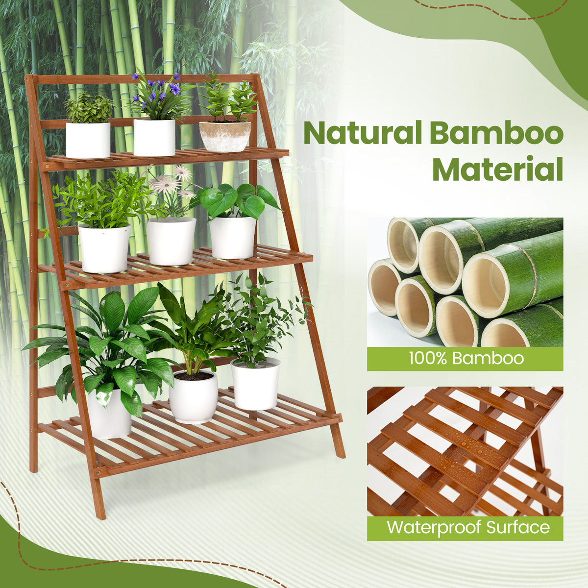 3-Tier Bamboo Ladder Shelf Foldable Plant Stand - Brown