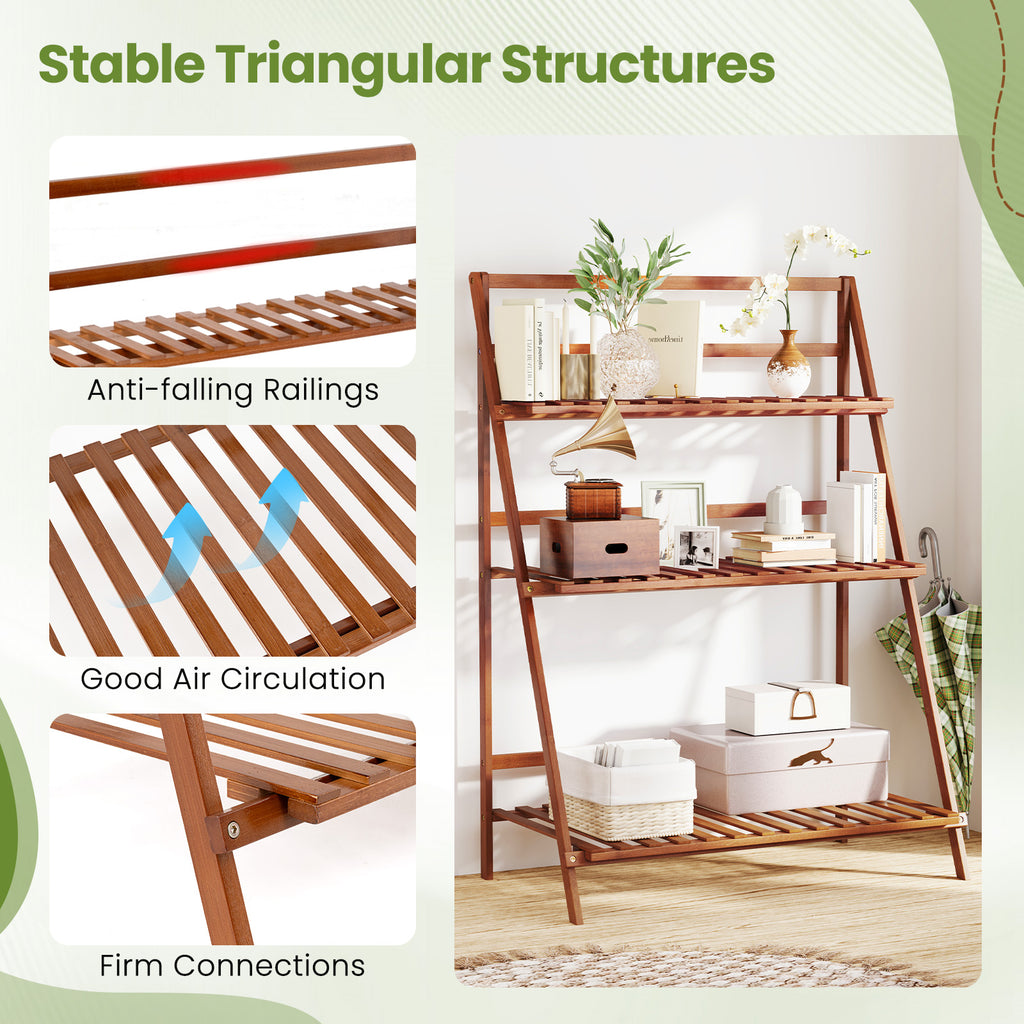 3-Tier Bamboo Ladder Shelf Foldable Plant Stand - Brown