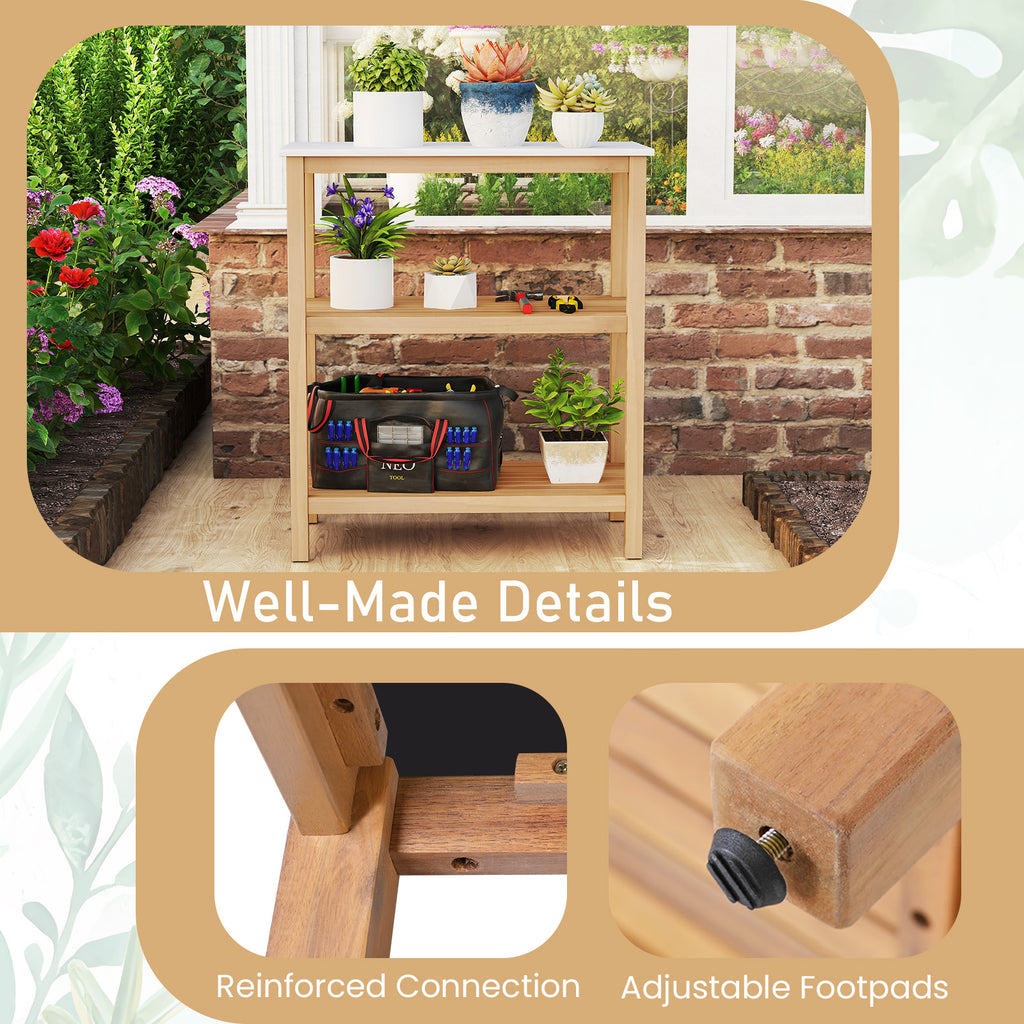 3-Tier Garden Potting Bench Table with Marble-Like Countertop