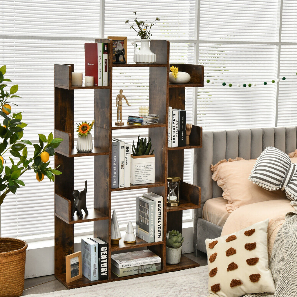 Tree-Shaped Bookshelf 13 Compartments - Rustic Brown, 3 Rows