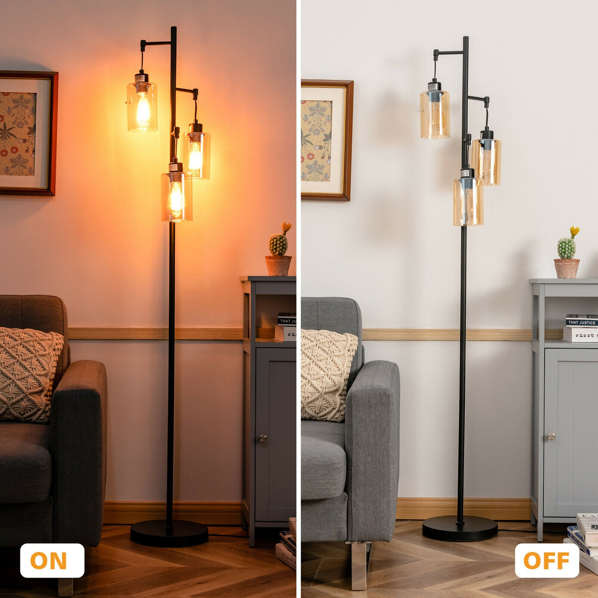 Retro Floor Lamp with 3-Head Hanging Amber Glass Shade - Stable Iron Base, Foot Switch