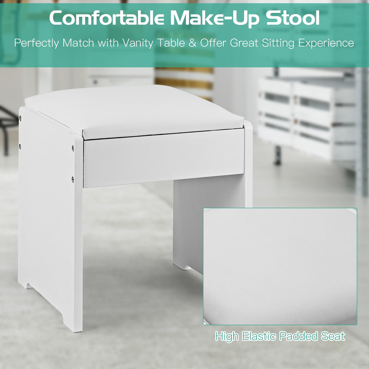 Makeup Vanity Dressing Table with Flip Top Mirror and Stool, White