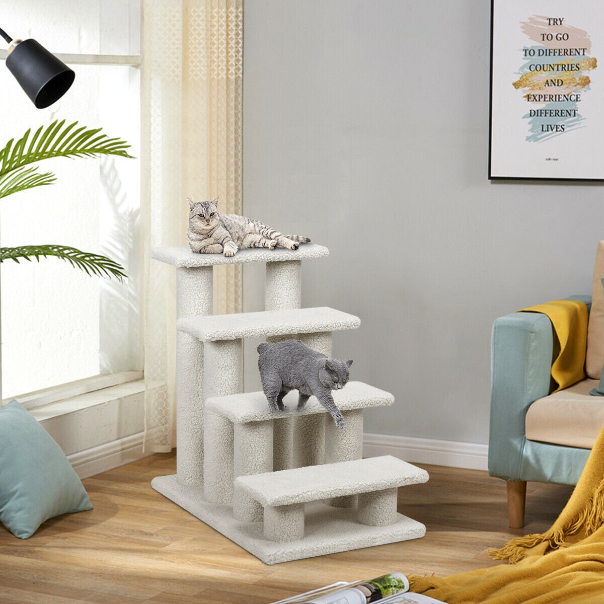 24 Inch Beige 4-Step Pet Stairs with Carpeted Climber & Scratching Posts