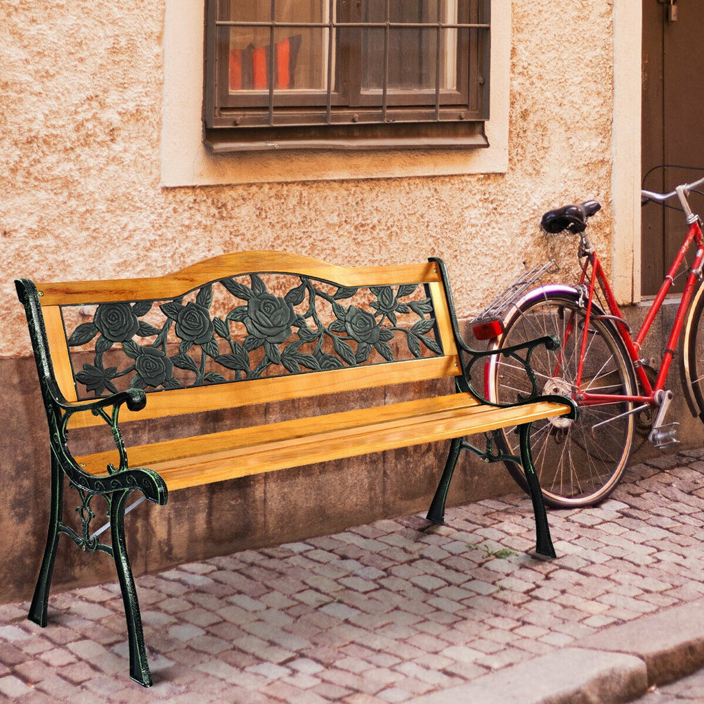 Outdoor Wooden Loveseat Bench with Iron Armrest - Porch Chair Style 3