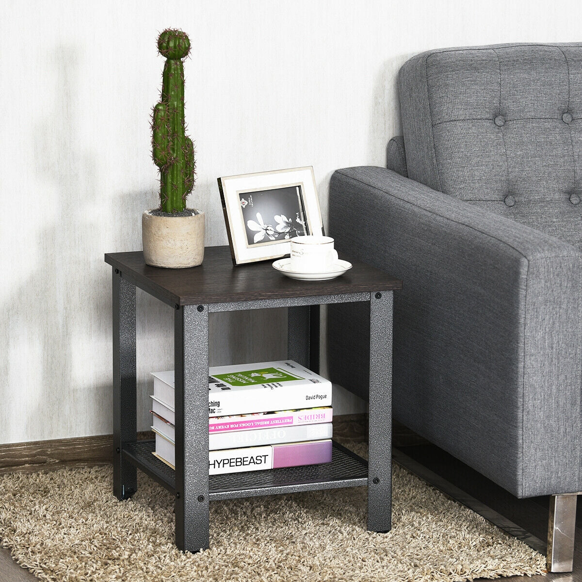 Industrial End Table with Storage Shelf, Black