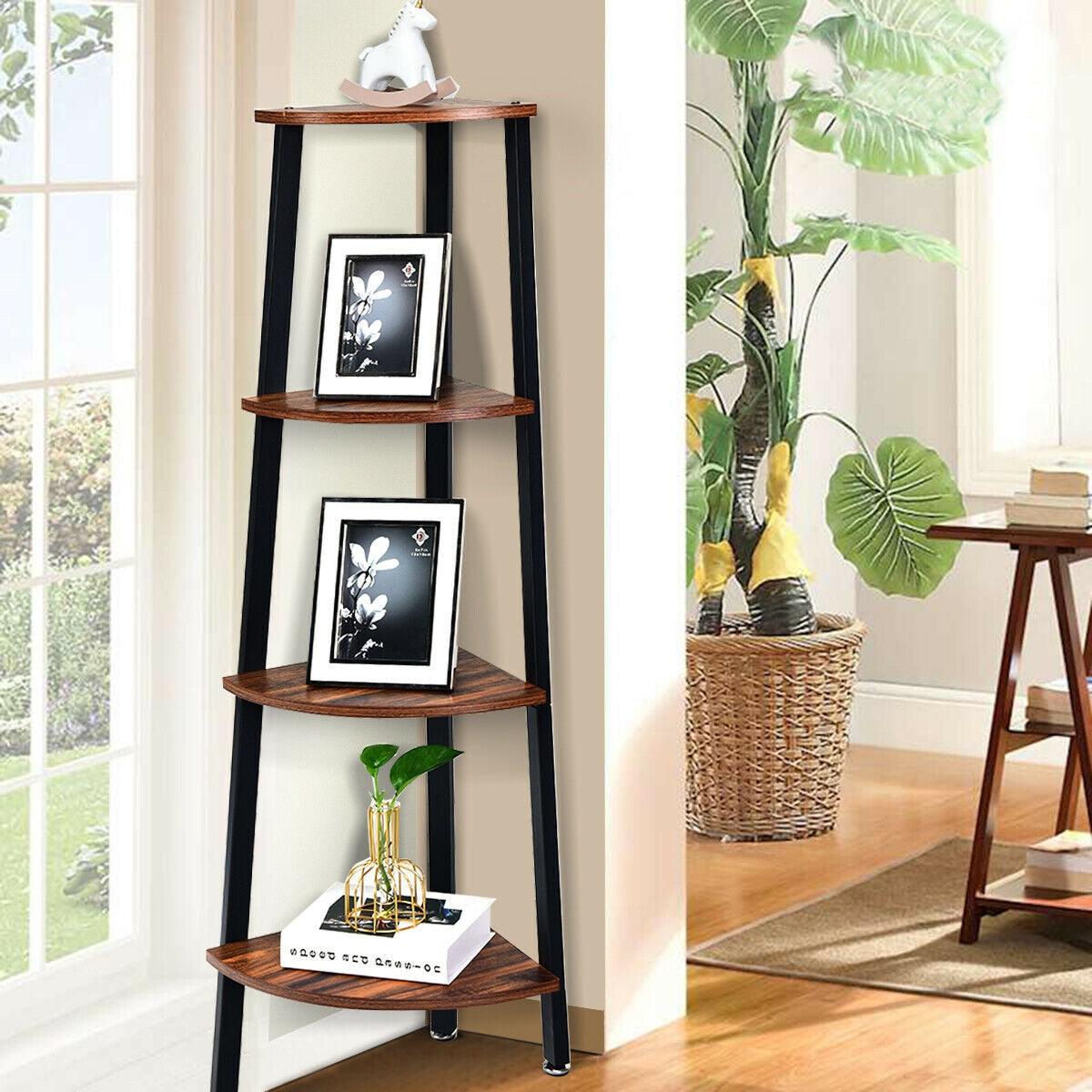 4-Tier Corner Bookcase Shelf - Black