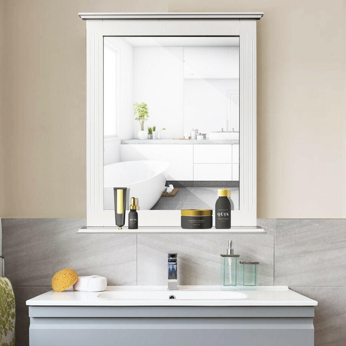 White Wall-Mounted Vanity Mirror with Shelf - Multipurpose Home Decor