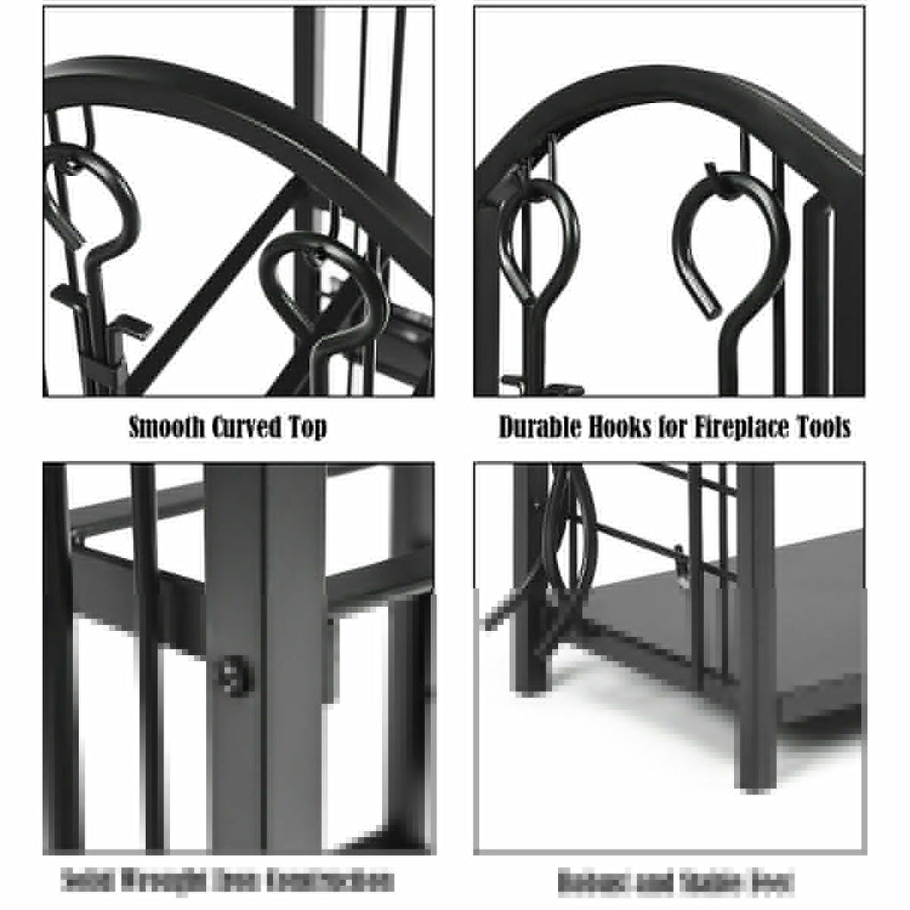 Fireplace Log Rack with 4 Tools and 2 Shelves - Black