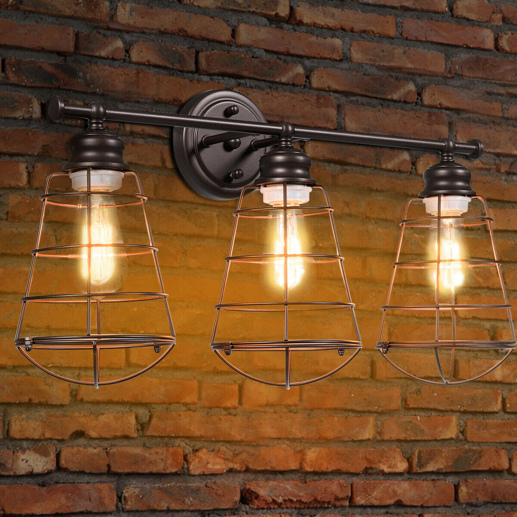 3-Light Bathroom Vanity Lamp Fixture with Metal Wire Cage - Retro Industrial Style