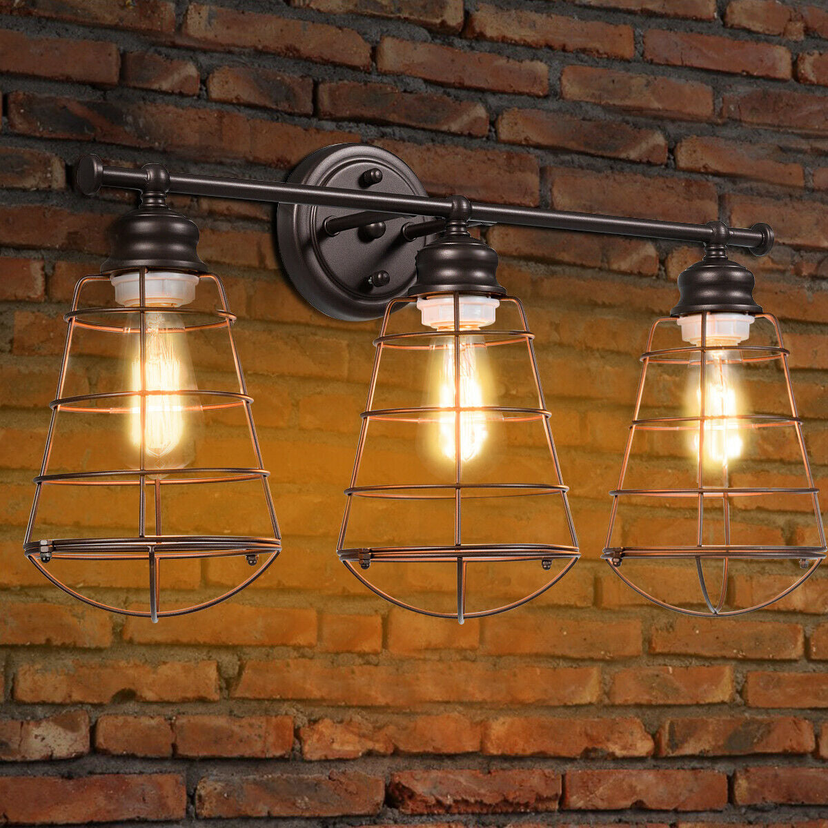 3-Light Bathroom Vanity Lamp Fixture with Metal Wire Cage - Retro Industrial Style