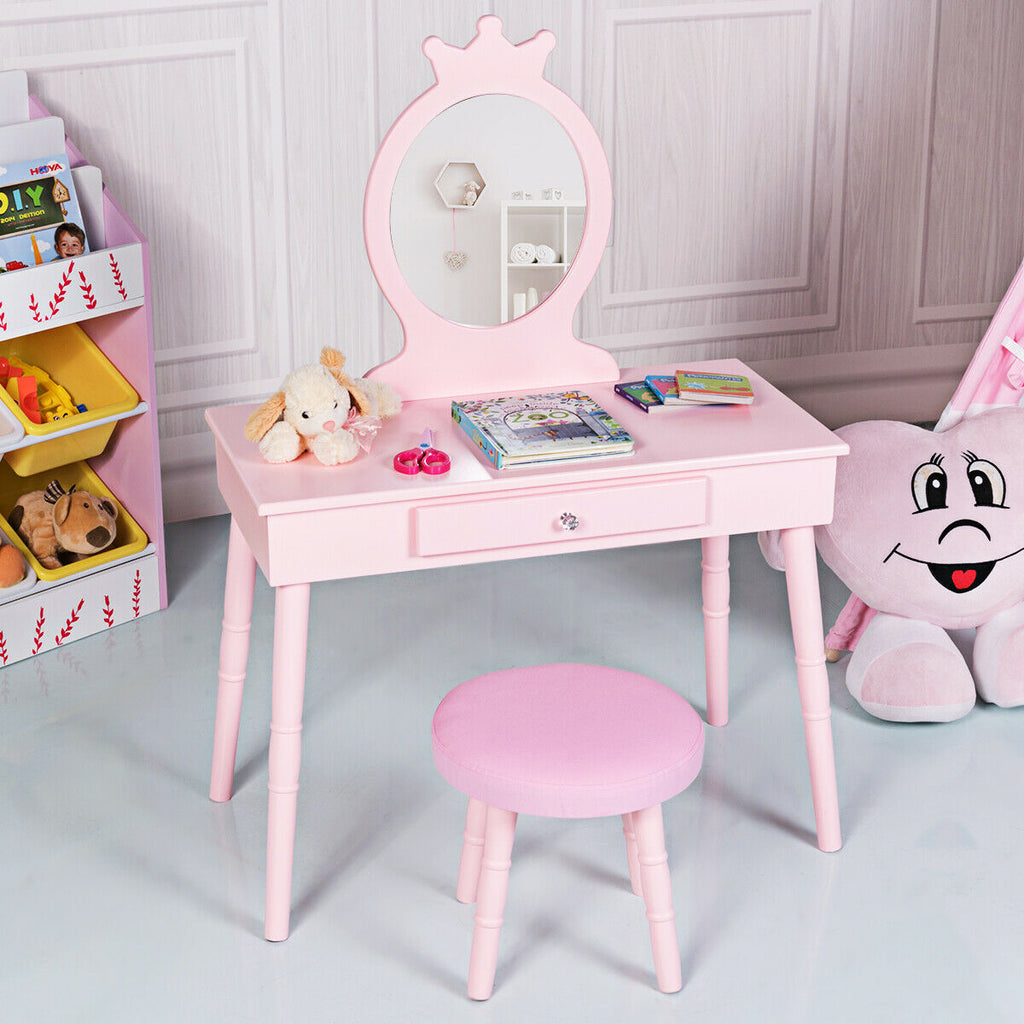Kids Wooden Princess Makeup Table with Cushioned Stool & Round Mirror - Pink Variation