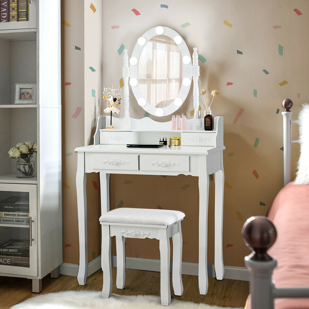 Makeup Dressing Table with Lighted Mirror and Stool - Style 1, White