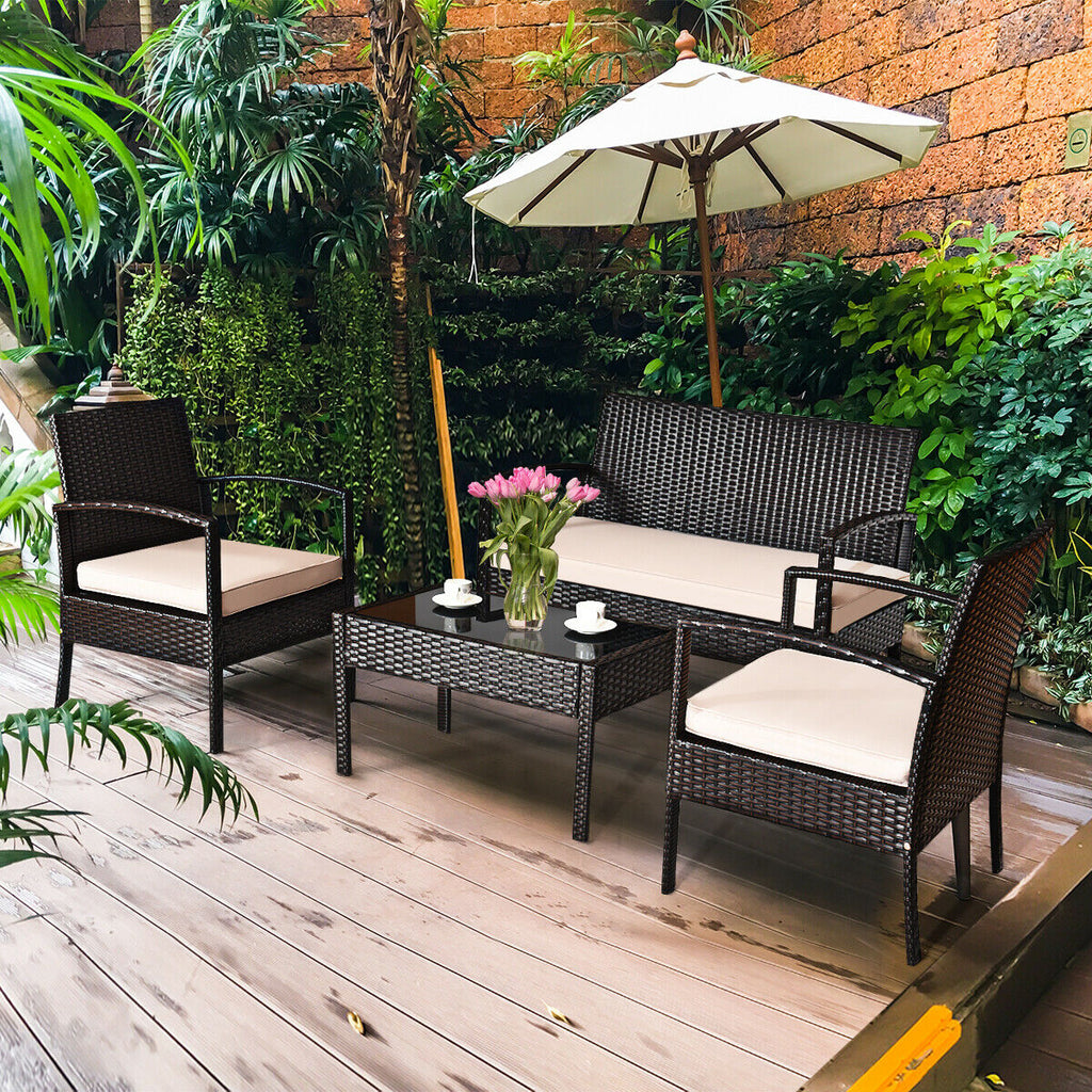 4-Piece Patio Rattan Conversation Set with Loveseat & Coffee Table