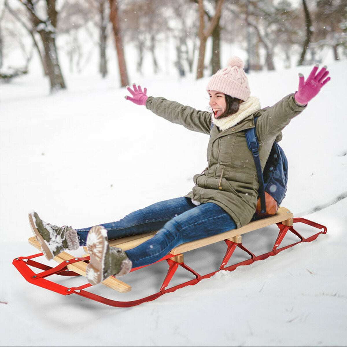 Red 54 Inch Wooden Snow Sled with Metal Runners & Steering Bar - Kids & Adults