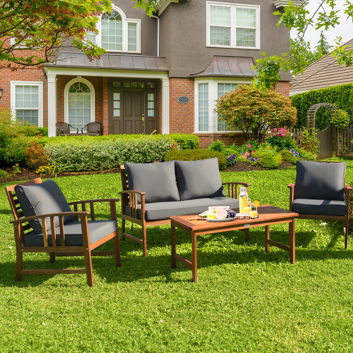 4-Piece Wooden Patio Sofa Set with Cushions - Gray