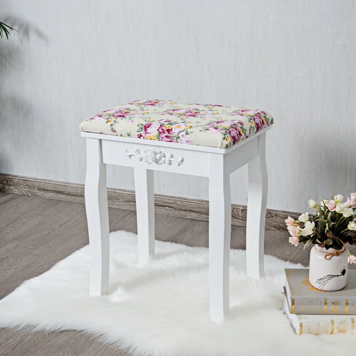 Vanity Wood Dressing Stool with Rose Cushion - White