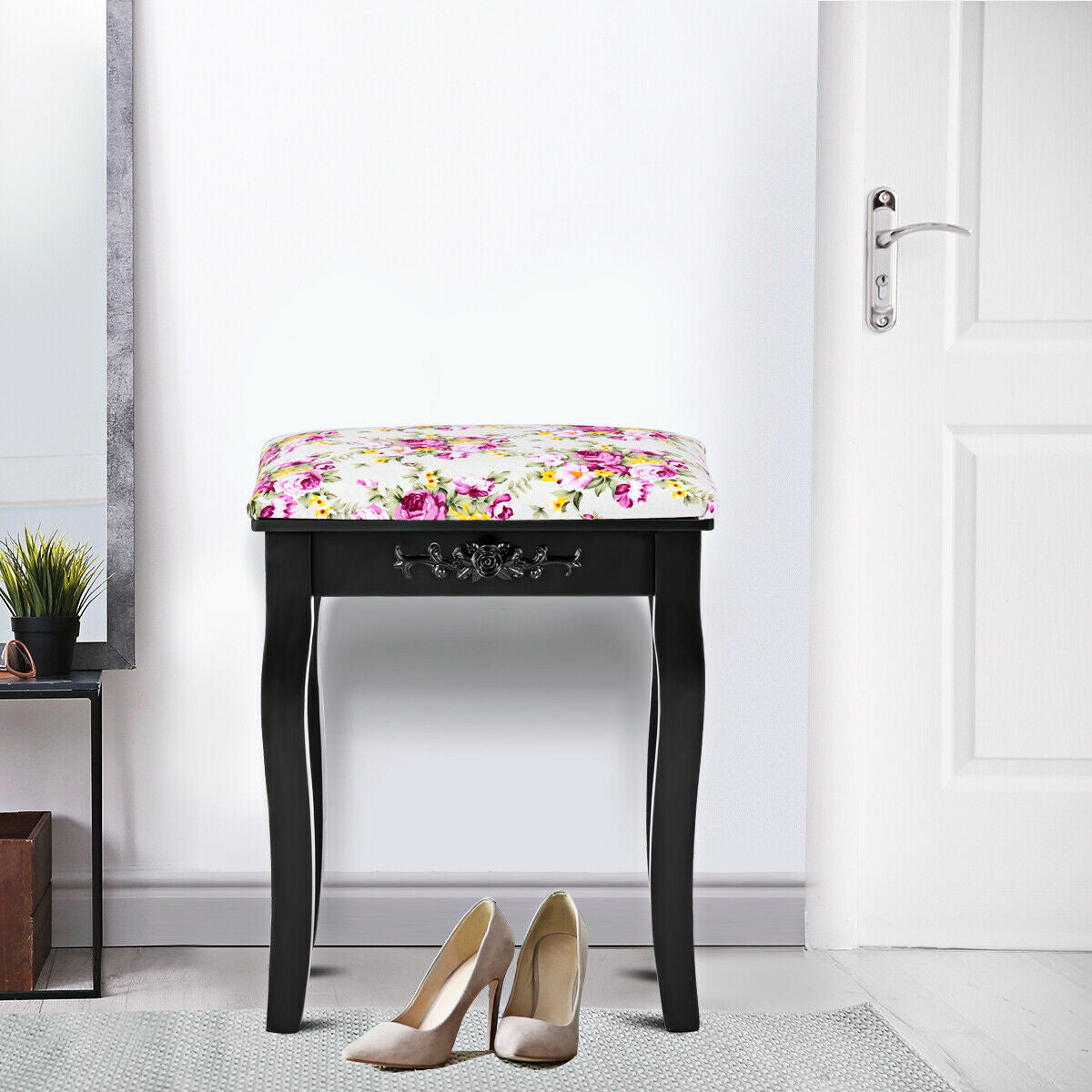 Vanity Wood Dressing Stool with Rose Cushion - White