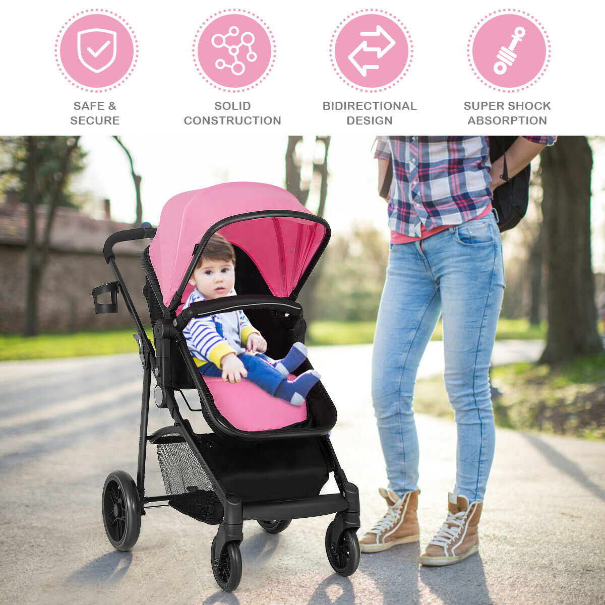 2-in-1 Foldable Baby Stroller with Cup Holder - Pink, Infant & Newborn