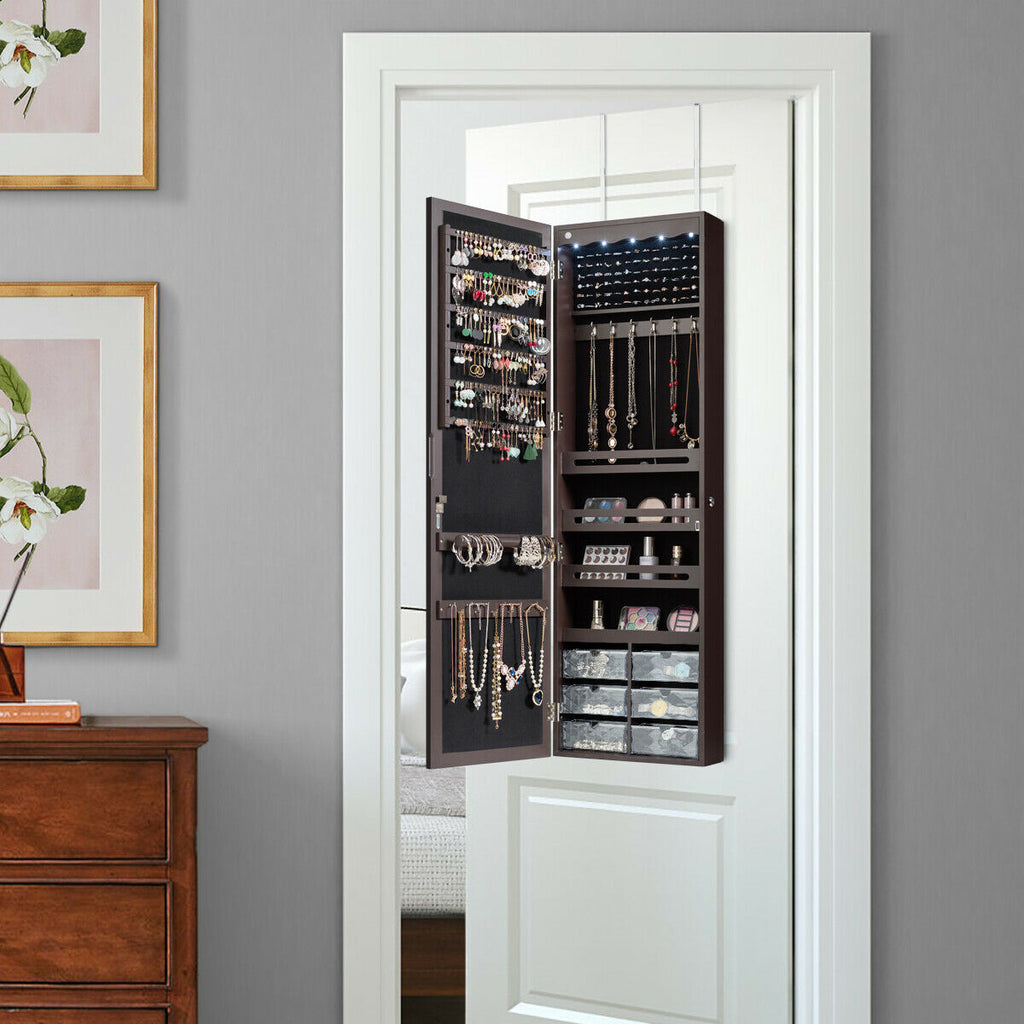 Door Hanging Jewelry Armoire with Full Length Mirror - Brown, 6 LEDs