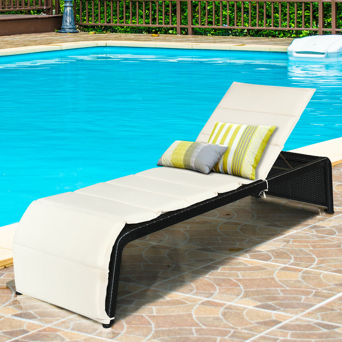 Adjustable Patio Rattan Lounge Chair with Cushion - White