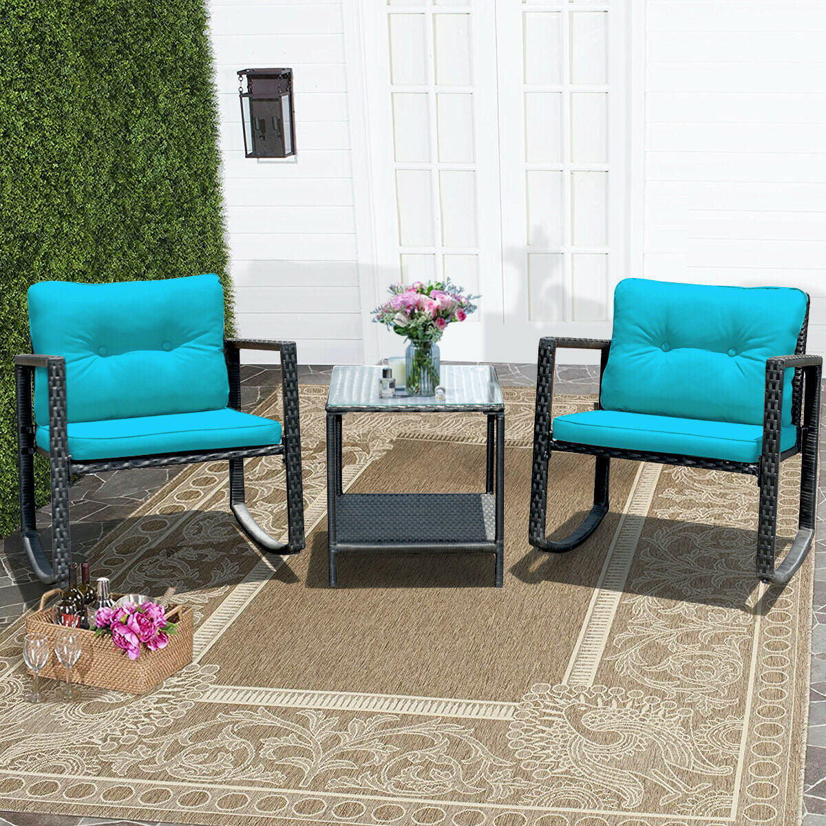 3 Pieces Cushioned Patio Rattan Set with Rocking Chair and Table