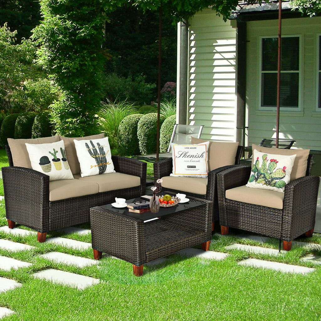4-Piece Patio Rattan Furniture Set with Cushions
