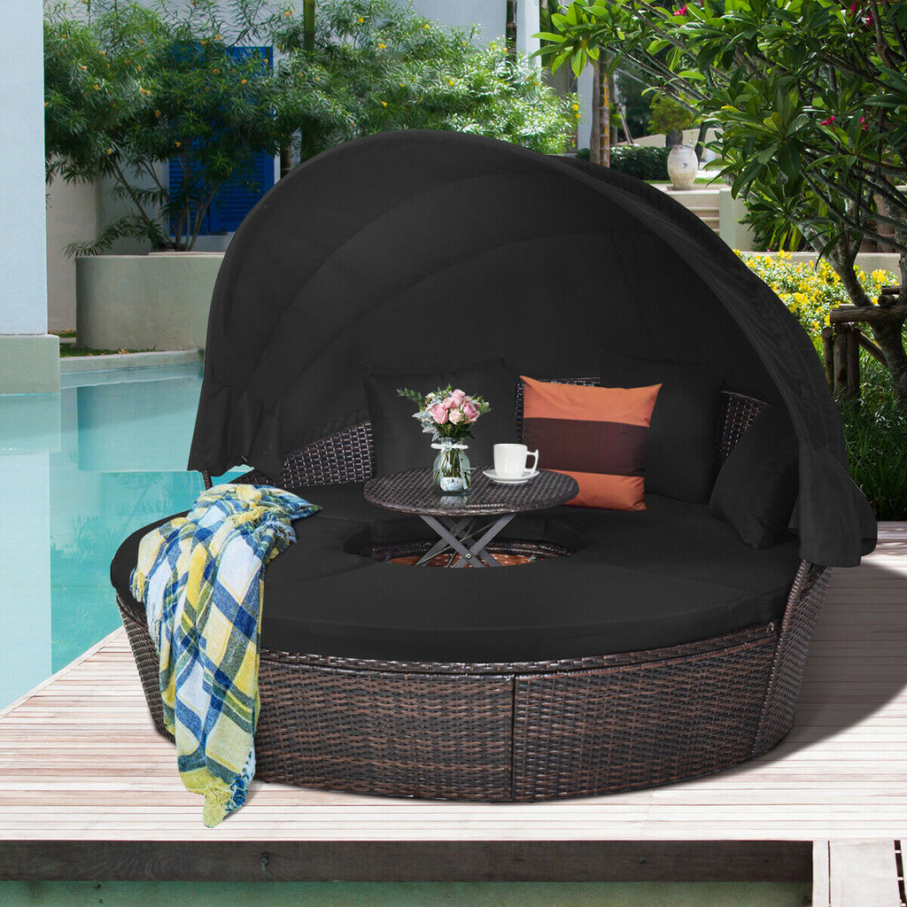 Patio Round Rattan Daybed with Retractable Canopy and Height