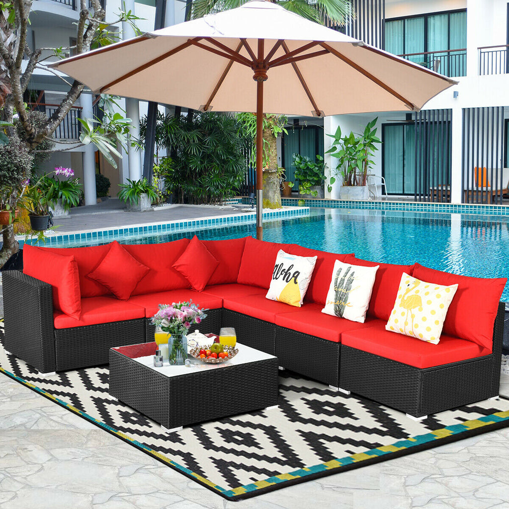 7-Piece Sectional Wicker Sofa Set with Coffee Table - Black Rattan, Red