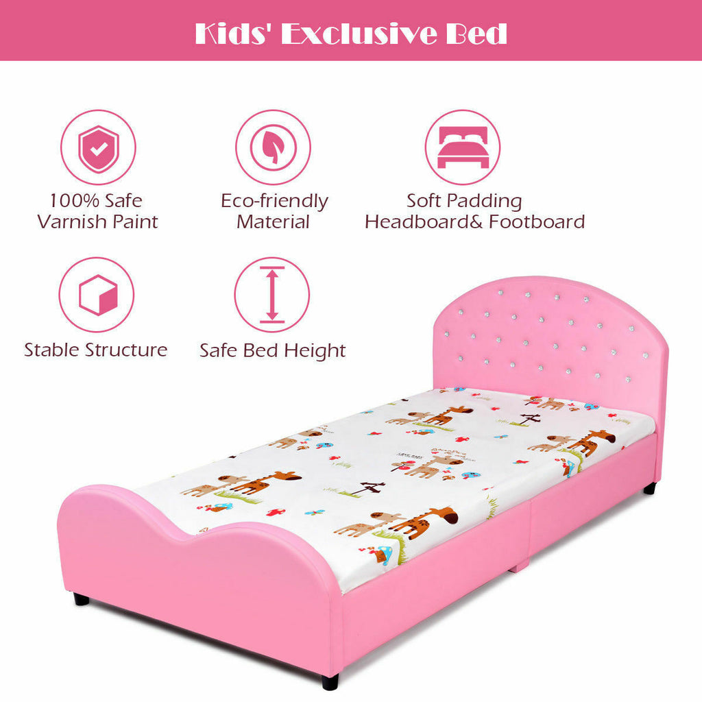 Twin Size Upholstered Toddler Bed with Wood Slat Support and Diamonds Variation