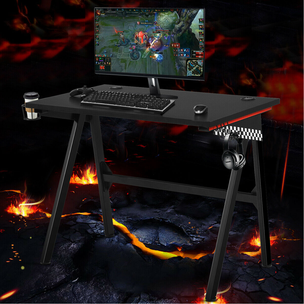 Ergonomic Gaming Desk with Cup Holder and Headphone Hook