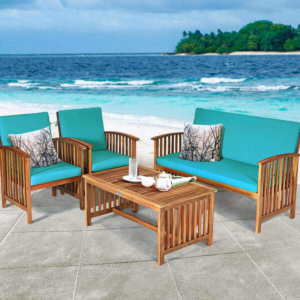 4-Piece Acacia Patio Furniture Set with Cushions - Style 2, Blue