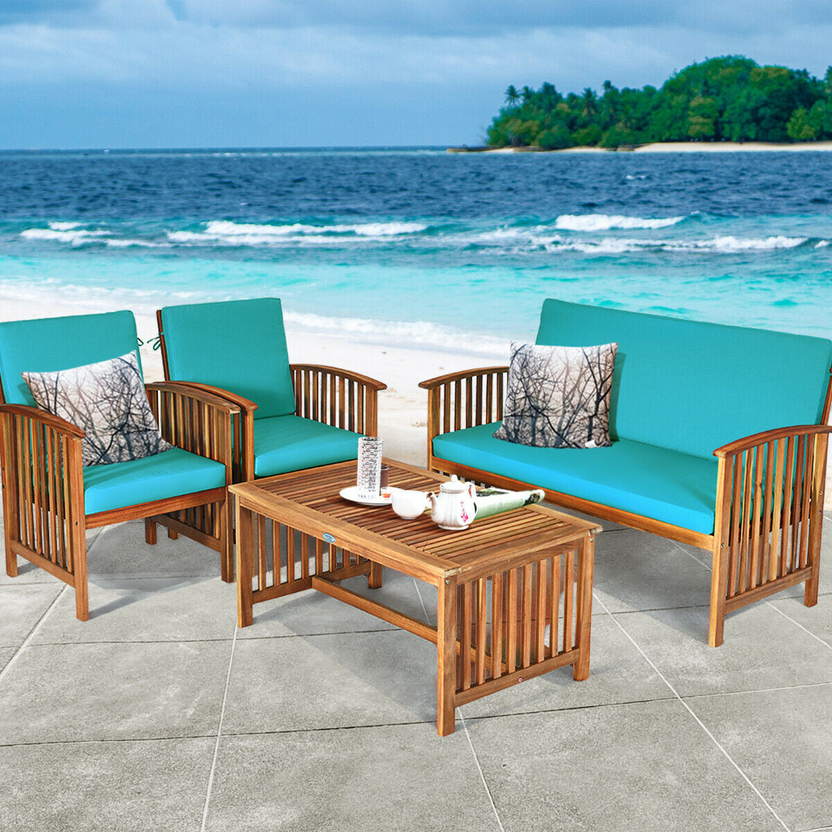 4-Piece Acacia Patio Furniture Set with Cushions - Style 2, Blue