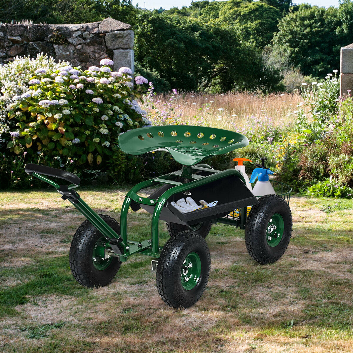 Garden Cart with 360 Swivel Seat & Tool Tray – Green