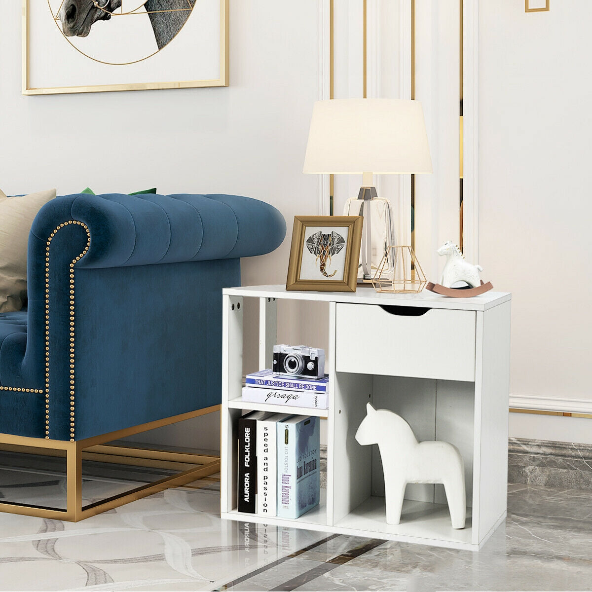 3-Cube Bookcase with Drawer & Shelves - White