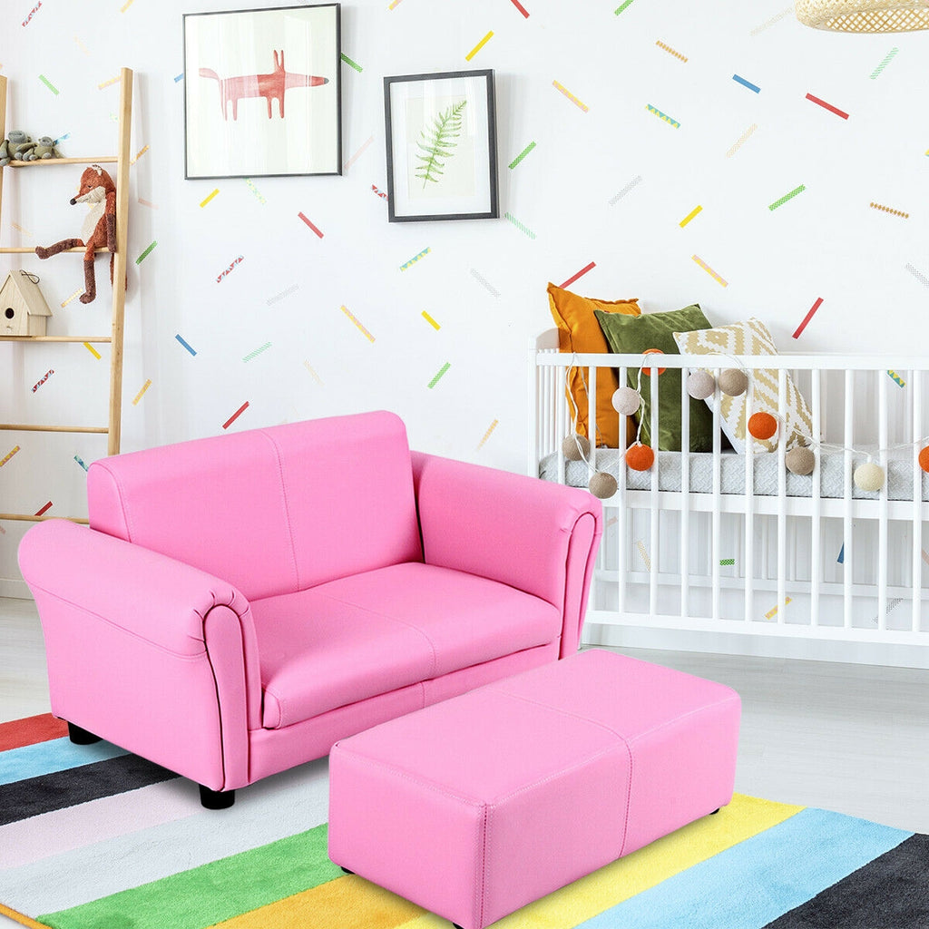 Pink Kid's Double Couch Lounge Sofa with Ottoman - Childrens Play & Sleep