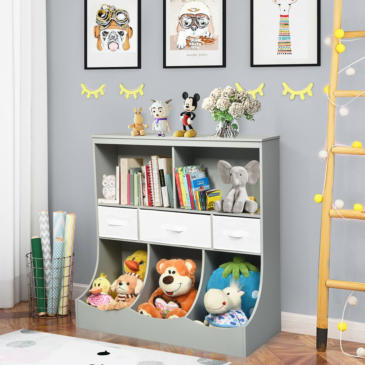 Freestanding Storage Cubby Bin Organizer Unit with 3 Baskets - Gray Variation