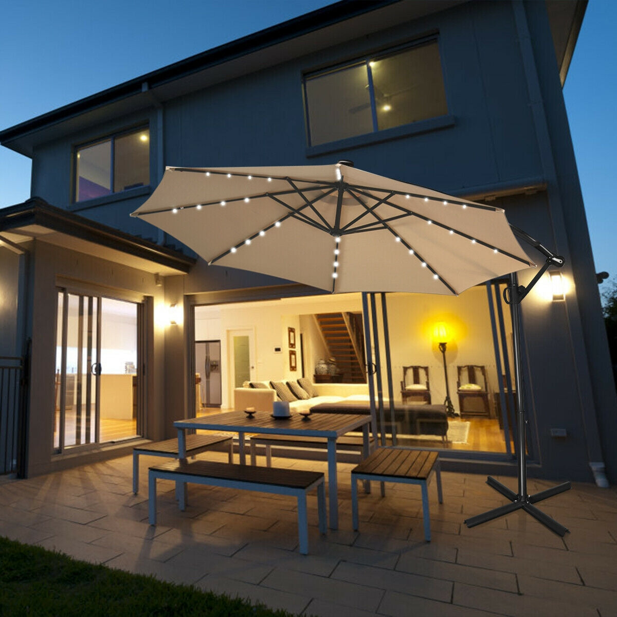 10 Feet 360° Rotation Solar Powered LED Patio Offset Umbrella without