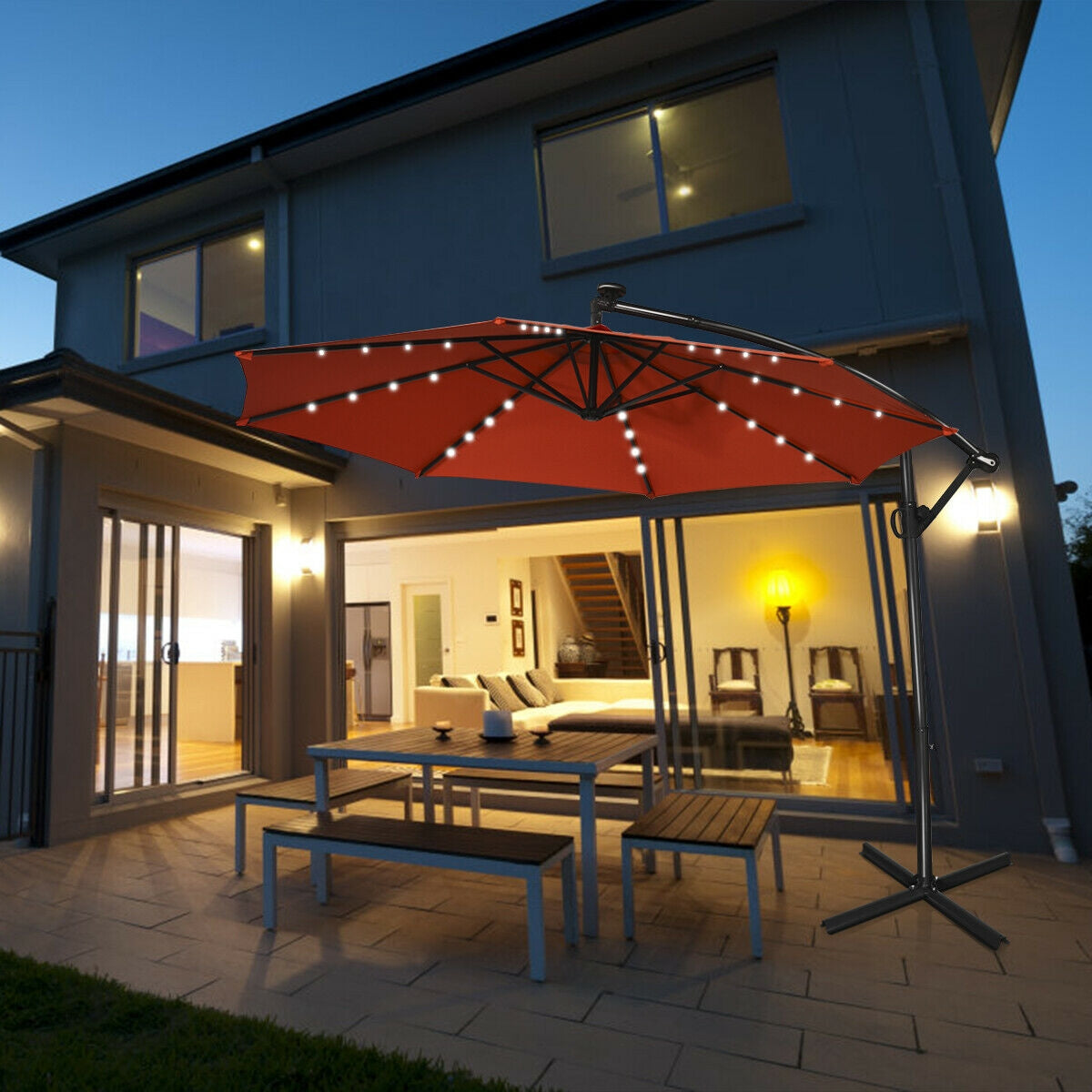 10 Feet 360° Rotation Solar Powered LED Patio Offset Umbrella without