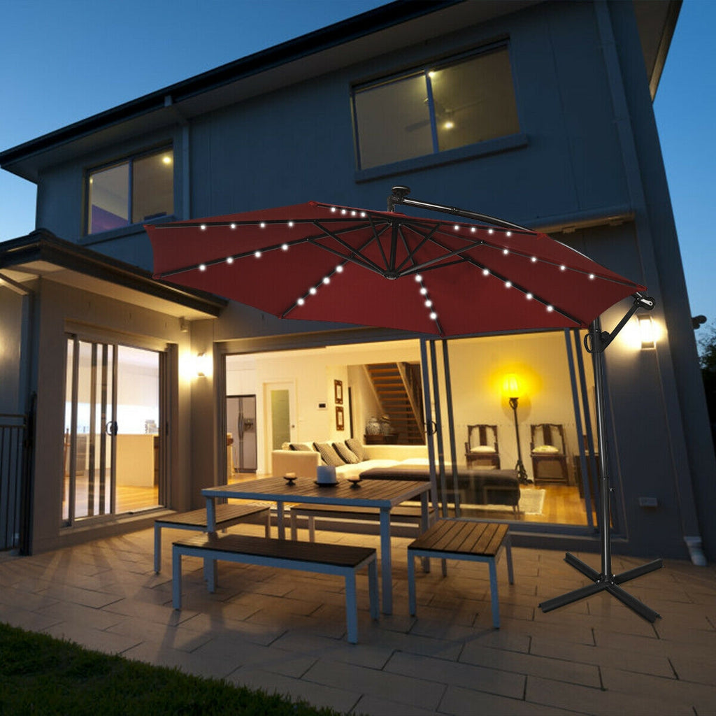 10 x 8 Feet Solar LED Patio Umbrella 360° Rotation, Dark Red