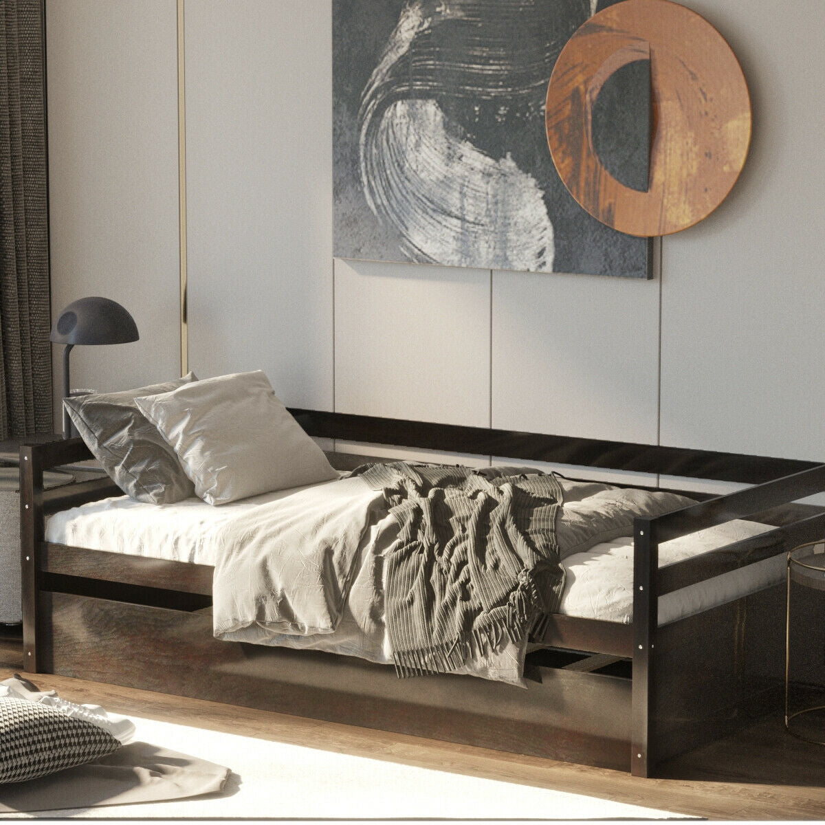 Twin Size Trundle Daybed Platform Frame with Slat Support - Walnut